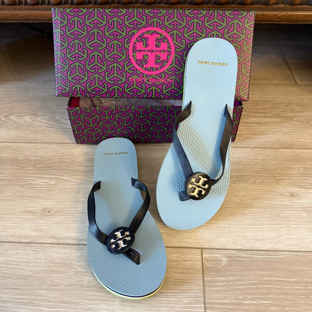 Tory Burch Minnie Flip Flop Napa Leather Black Blue White Shoe Sandal Slip on 7